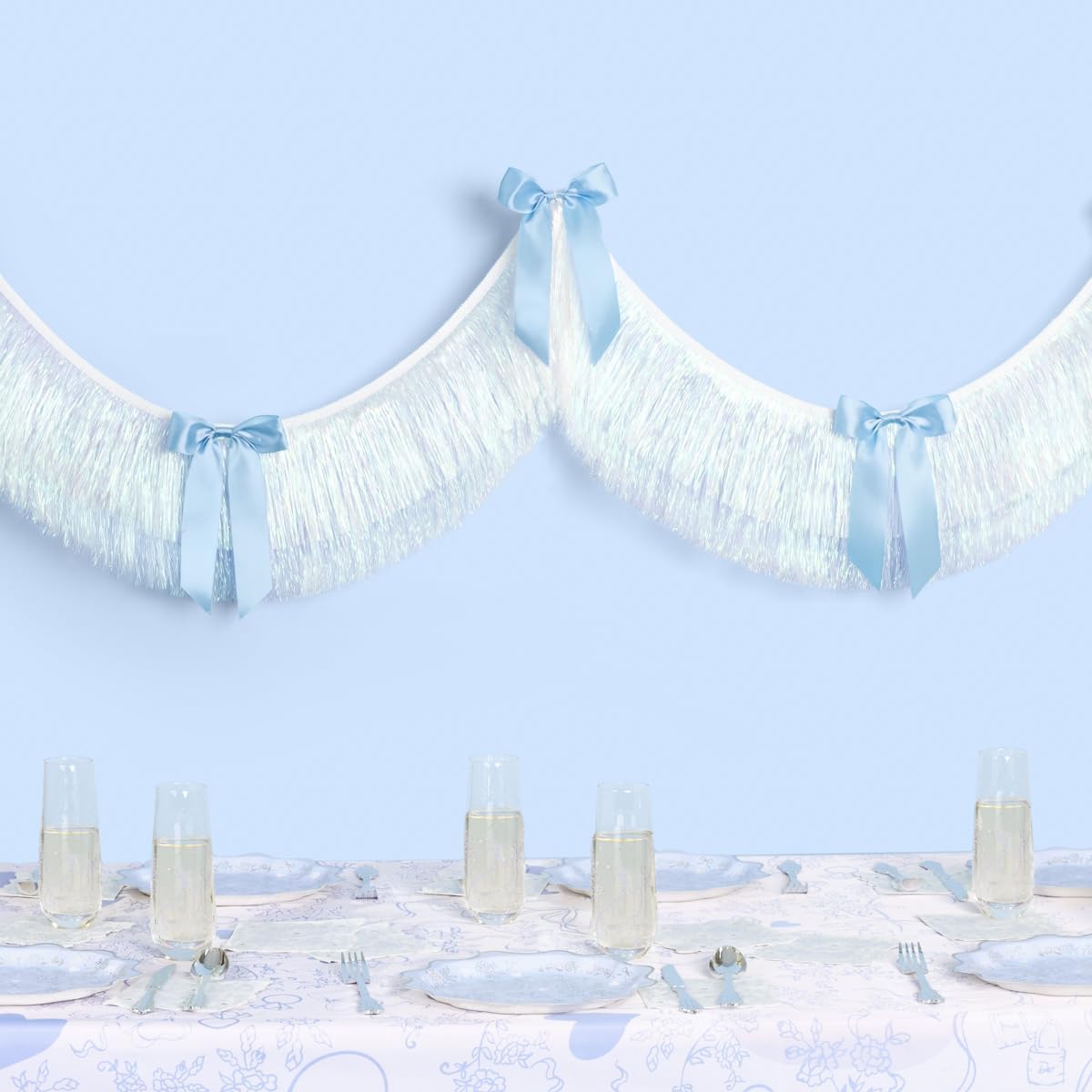 xo, Fetti Blue White Bow Fringe Banner - Iridescent, 6 Ft. | Something Blue Bachelorette Decoration, Bridal Shower Decor, Engagement Photoshoot Backdrop