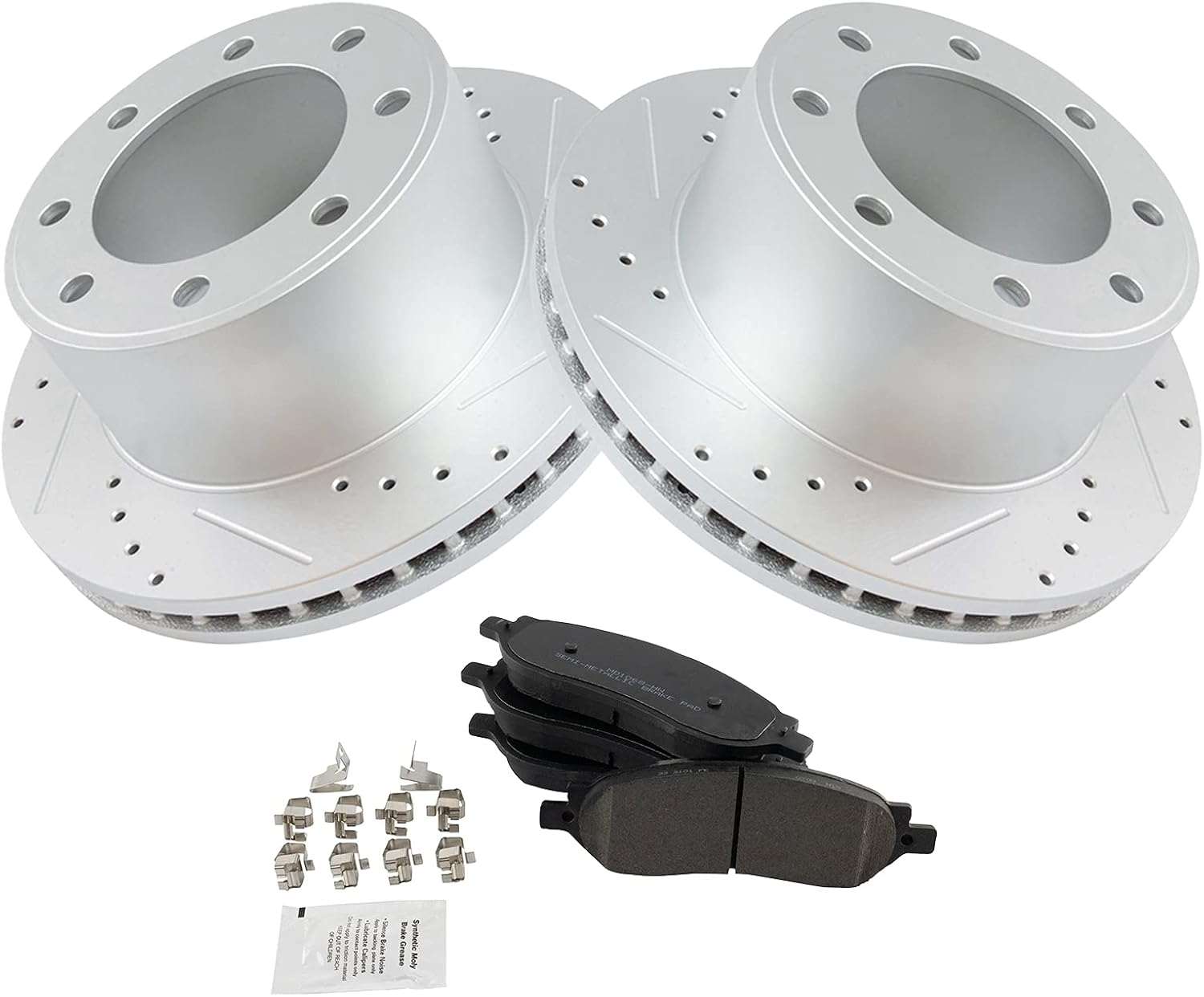 TRQ Rear Brake Pad and Rotor Set Semi Metallic Coated Drilled Slotted Vented Rotors Compatible with 2005-2007 Ford F-250 Super Duty F-350 Super Duty