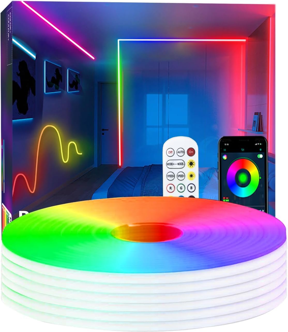 httpsmp 15m Neon Rope Light, Ws2811 RGB+IC Flexible Led Lights Control with App/Remote, Chase Mode, IP65 Outdoor Waterproof