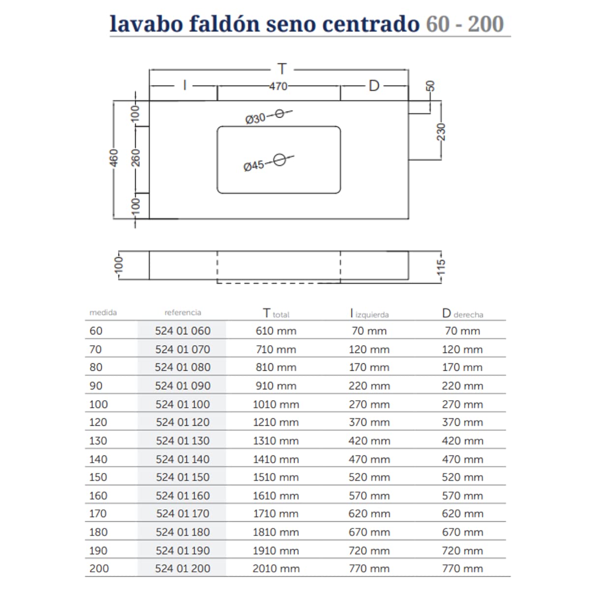 Lavabo con Faldón para Baño Solid Surface Suspendida | Lavabo Flotante | Fondo 46cm | Espesor 10cm | 70 cm. Blanco Mate (1 Seno)