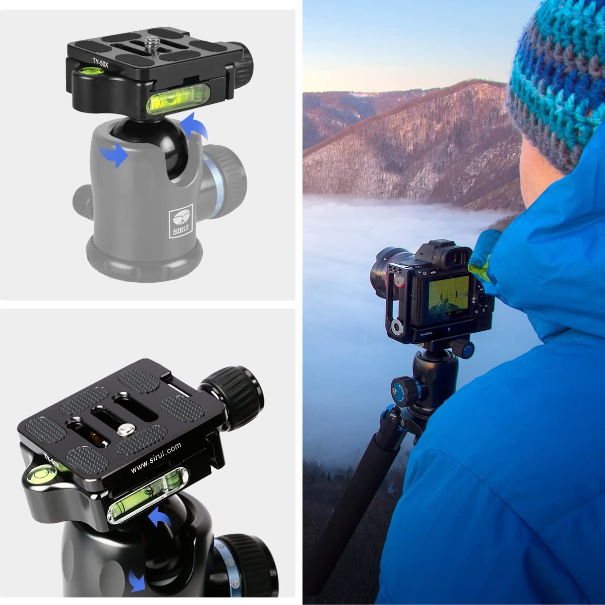 SIRUI K-10X Testa a Sfera per Treppiede in Alluminio Testa a Sfera Panoramica Rotante a 360 ° con Piastra a Sgancio Rapido TY-50X per Arca Swiss e Livella a Bolla per Tripod/Monopod, Max Load 20KG