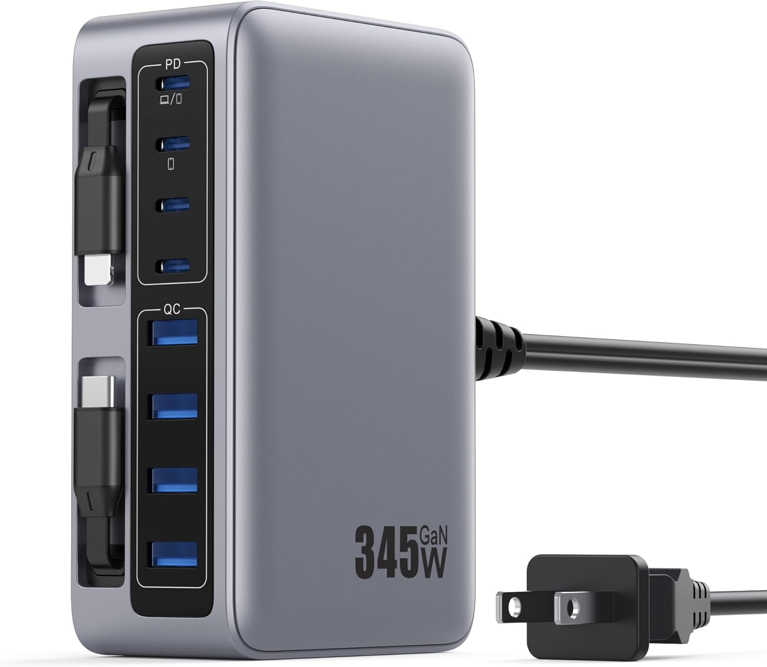 345W USB C Charger Block with 2 Built-in Retractable Cables,10-in-1 GaN IV USB C Charging Station,PD 65W Laptop Charger Power Adapter for MacBook Pro/Air,DELL,iPhone17/16/15/14,Galaxy S24,Android etc