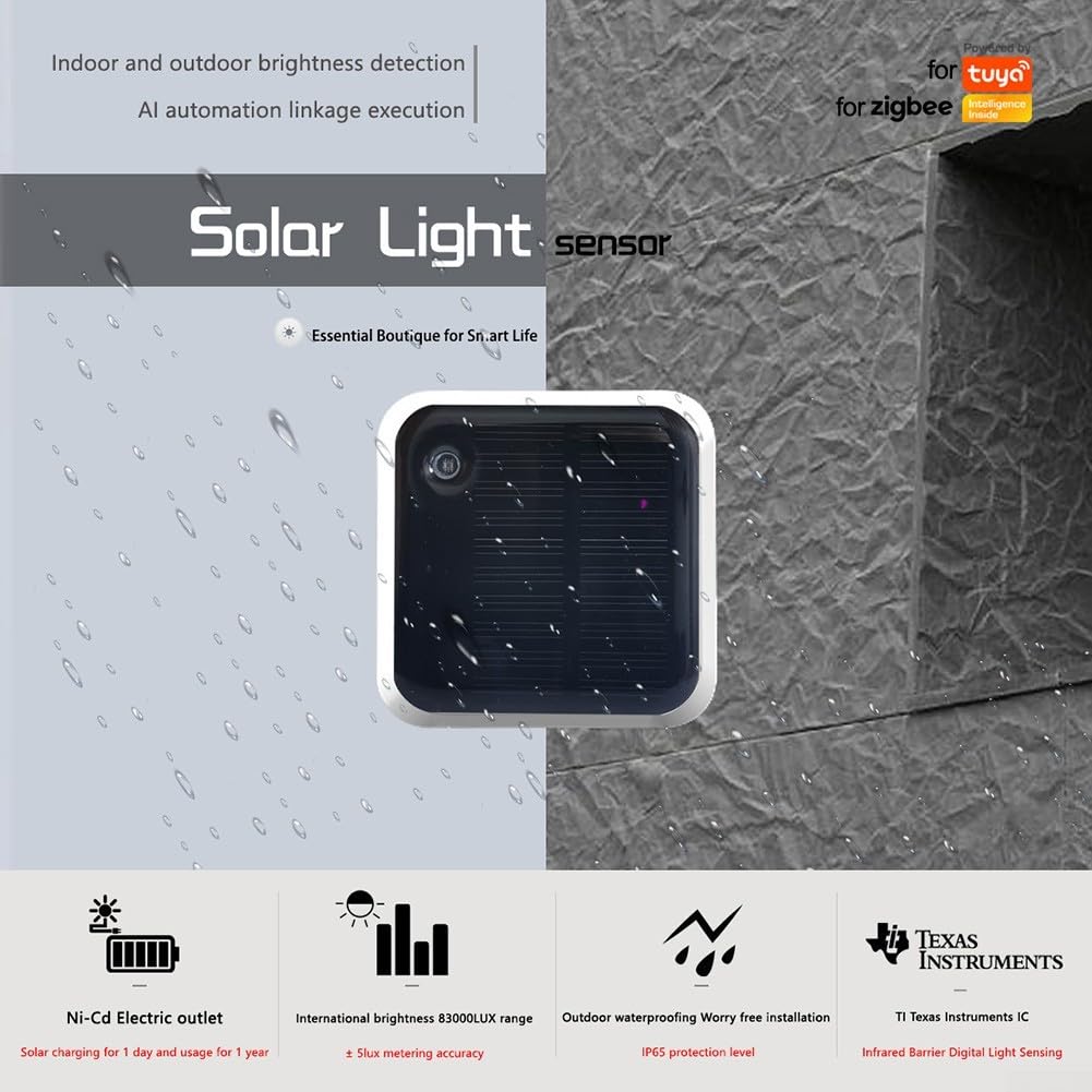 Capteur de lumière à énergie solaire, pour capteur de lumière Zigbee, capteur de luminosité extérieure IP65 avec charge solaire, pour intégration de maison intelligente