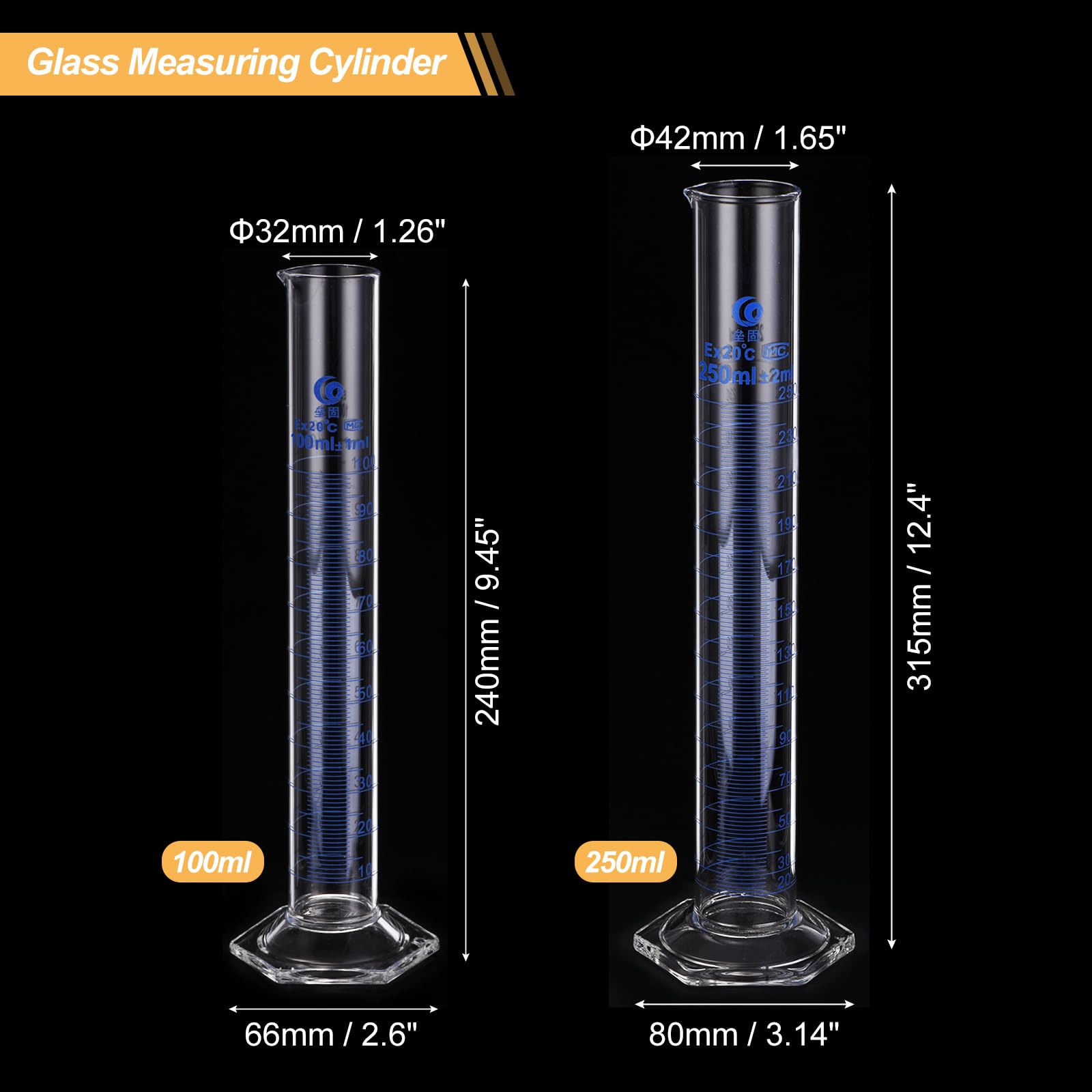 PATIKIL Cilindro Graduato da 100/250ml, 3.3 Base Esagonale Del Cilindro Graduato in Vetro Borosilicato per Esperimenti di Laboratorio, Trasparente