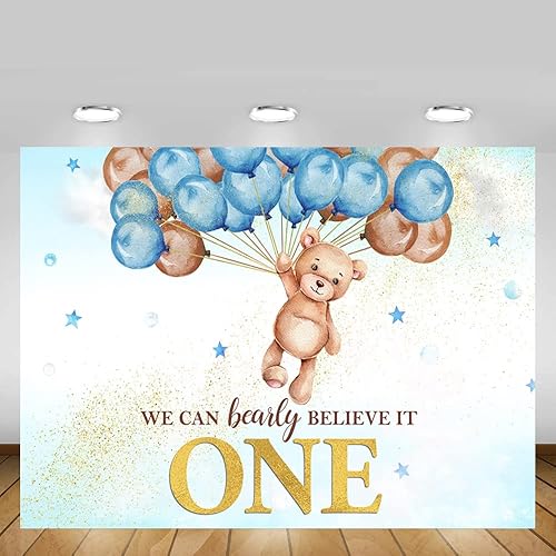 Miniatura 5 de MEHOFOND Telón de fondo de oso de primer cumpleaños para niños, con texto en inglés We Can Bearly Believe It One Happy First Birthday, decoración de