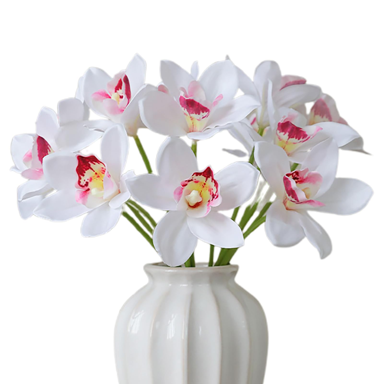 Mokylor 2 Bundles Artificial Cymbidium Orchids Flowers, 15in Faux Orchid Flower with 6 Heads Large Cymbidium Orchids Hand Tied Bouquet Vase Filler for Home Garden Wedding