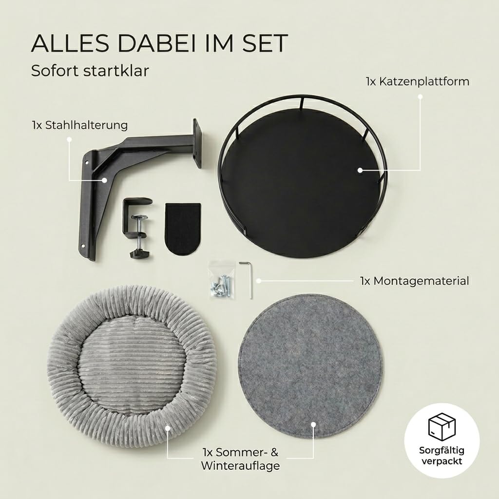 Katzenbett LEVI | Katzenbett Schreibtisch | Katzenplattform | Für Tische und Fenstersims | Inkl. 2 Betten | Cord-Design Grau | Robust und modern (Schwarz)
