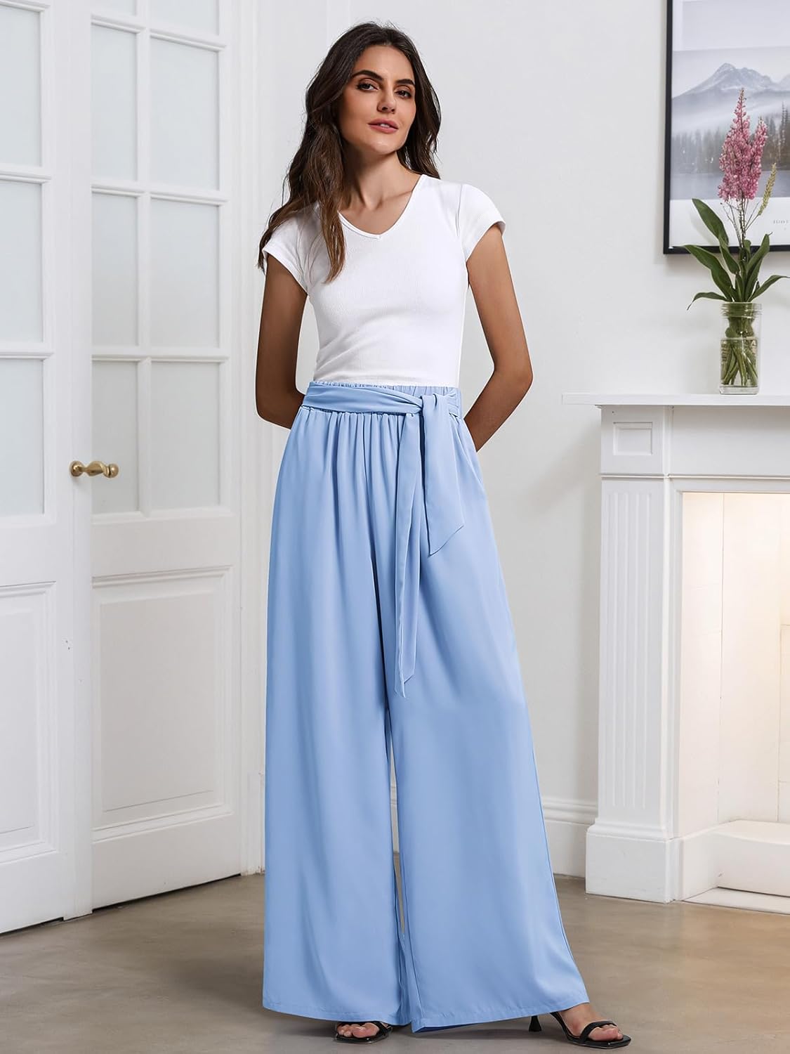 QIANXIZHAN Women's Wide Leg Pants, High Waisted Palazzo Pants Dressy Summer Flowy Casual Lounge Work Dress Pants Trousers WL