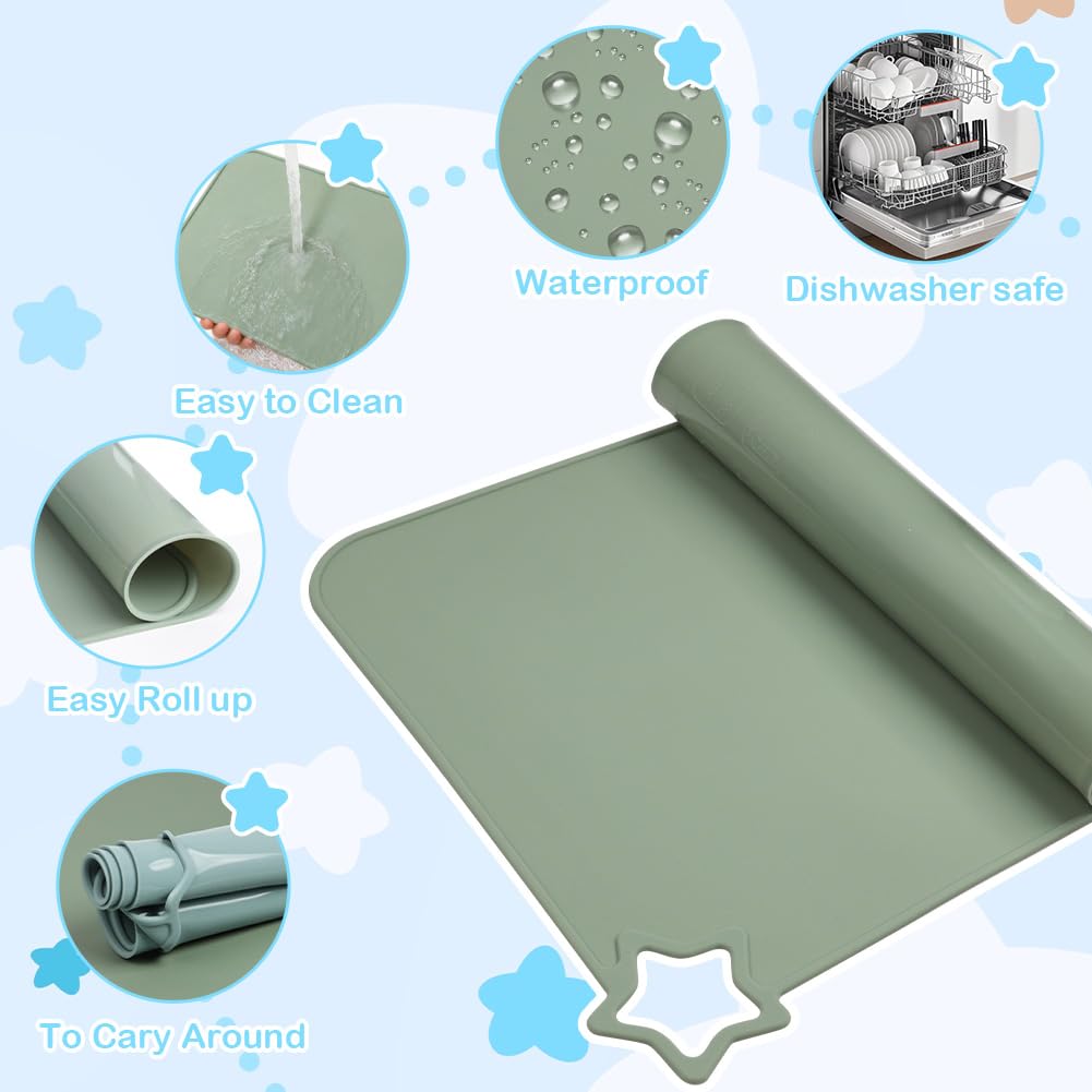 2 Piezas Manteles de Silicona para Bebé, Mantel Individual Infantil, steras de Alimentos portátiles Resistentes, Lavable Antideslizante Portátil Sin BPA Resistente a La Suciedad, Azul/Verde