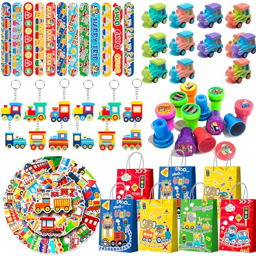 110Pcs Train Anniversaire Cadeau, Train Fête Cadeaux, Comprend Porte-clés, Bracelets Slap, Sacs cadeaux et Autocollants pour Anniversaire Fete de Train