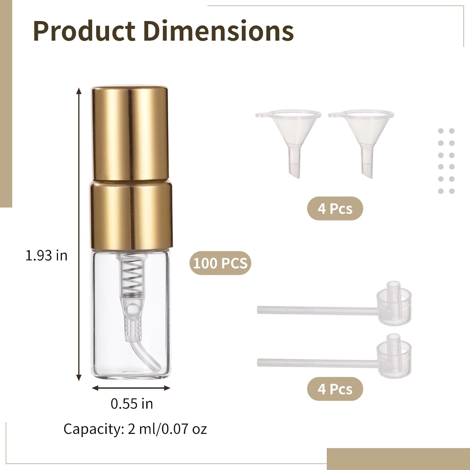 Lnrueg 100 Pcs Mini Spray Bottles, 0.07 oz/2 ml Refillable Glass Perfume Bottles, Portable Travel Sample Containers with Caps, Fine Mist Atomizers with 4 Funnels and 4 Dispensers, Gold