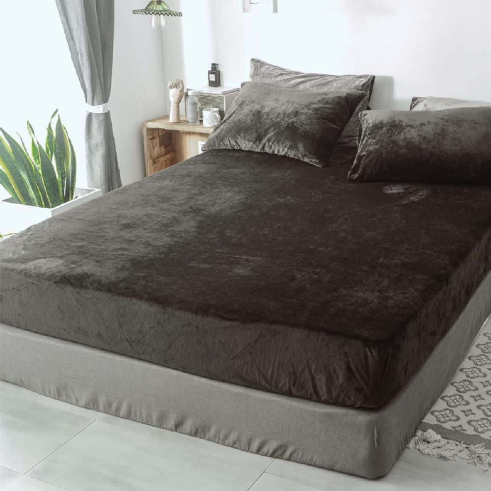 Lanqinglv Dark Grey Fitted sheet 180x200 cm Superking Size Flannelette 35cm Deep Fitted Bed Sheet,Thermal Warm Cosy Flannel Bed Sheets Perfect for Winter