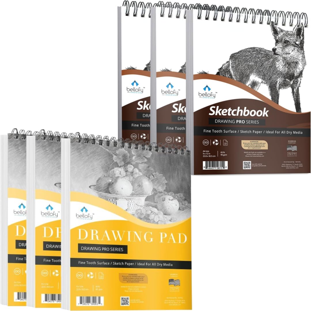 Bellofy3 x Drawing Paper Pads 9” x 12” | 3X Sketch Books Each with 100 Sheets | Acid Free Sketchbook Paper for Dry Media | Top Spiral Bound Sketchpad for Kids, Beginners, Artists & Professionals