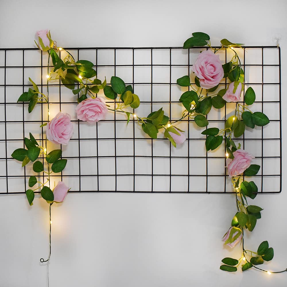 Buywin Girls Pink Rose Garland String Lights Artificial Flower Garland With Led Light Strings, Rose Vine Lights Hanging Decor For Wedding Party Bedroom Home Window(Pink)