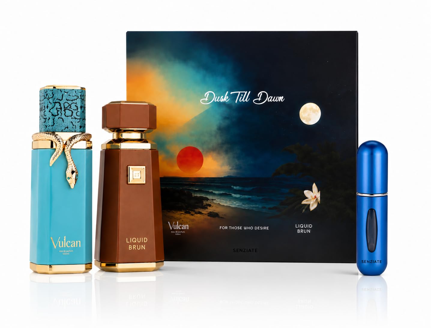 Dusk Till Dawn Combo Pack Eau de Parfum – Set perfume Hombre con Liquid Brun y Vulcan Feu + atomizador recargable Senziate.