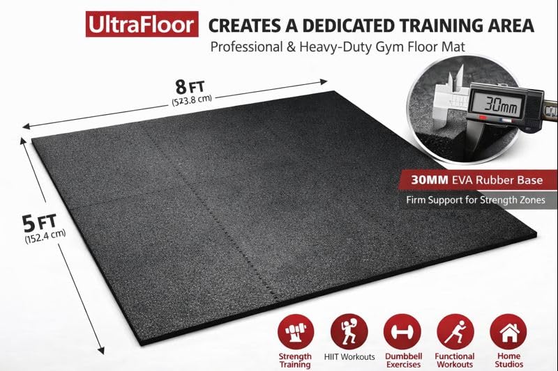 Image of UltraFloor EVA Rubber Gym Flooring Mat 8x5 Ft | 30mm Thick Shock-Absorbing Base for Treadmill & Weight Training | Anti-Slip, Sound-Dampening Exercise Pad