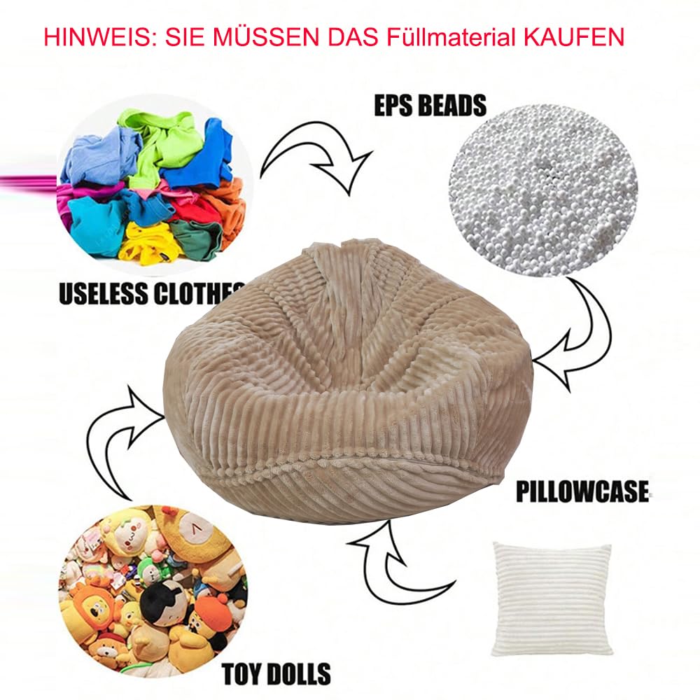 Sedia a sacco non imbottita, per bambini e adulti, solo rivestimento per divani peluche (Kaki, taglia XL)