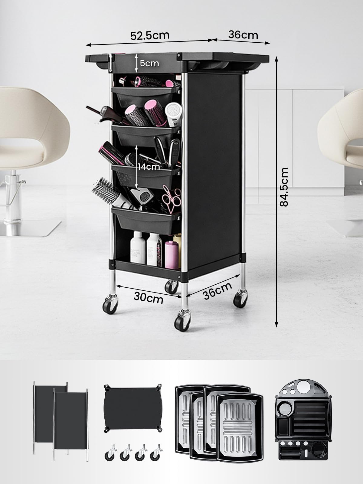 Friseurwagen mit 4 Schubladen – Rollbarer Beauty-Organizer mit Seitenschale & Föhnhalter, mobiler Barbier-Tool-Wagen für Salon, Spa & Zuhause