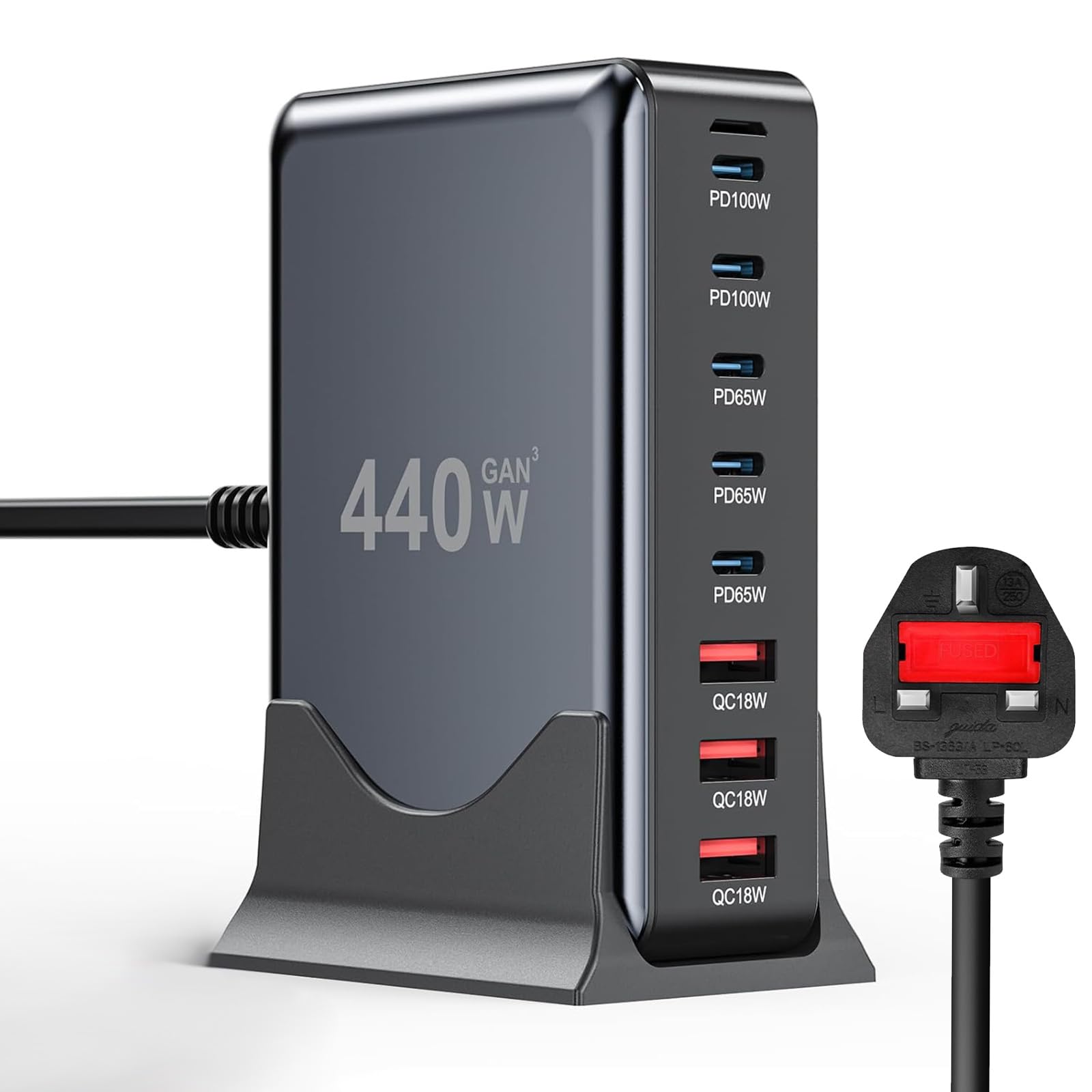 LAXDAMRE® 440W USB C Charger Charging Station - 5 Type-C Ports (2 x 100W, 3 x 65W) and 3 USB Ports (QC18W) - Portable Desktop USB Charging Station PD QC DC for Mac-Book,Smartphone, I-Pad