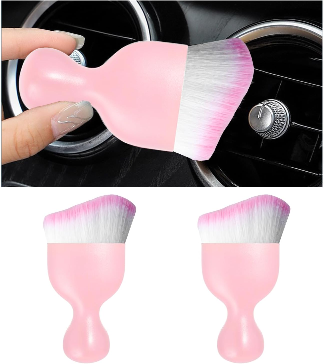 2PCS Car Interior Dust Brush, Soft Scratch Free Auto Detailing Brushes, Universal Vehicle Interior Cleaning Tool for Automotive Dashboard, Air Vents, Leather (Pink & Pink)