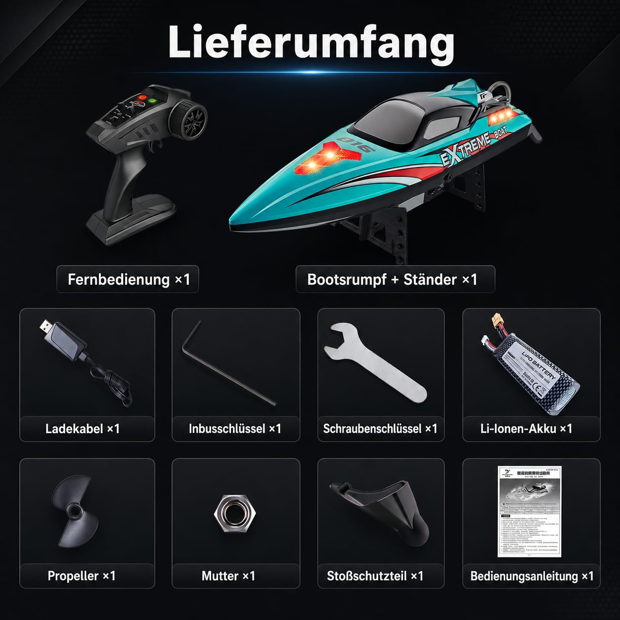 Ferngesteuertes Boot 55 km/h, RC Boot mit Bürstenlosem Motor & LED, Doppelt wasserdicht, Selbstaufrichtung & Reichweitenalarm, Motorboot für Erwachsene, für Pools und Seen