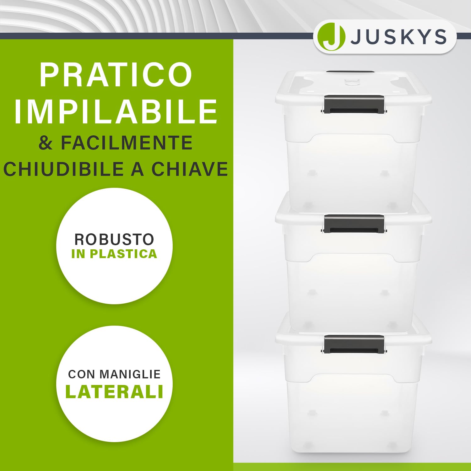 Juskys scatola per conservazione con coperchio - Set da 6 scatole in plastica 60l - Scatola grande, impilabile, trasparente - Sistema di organizzazione per conservazione