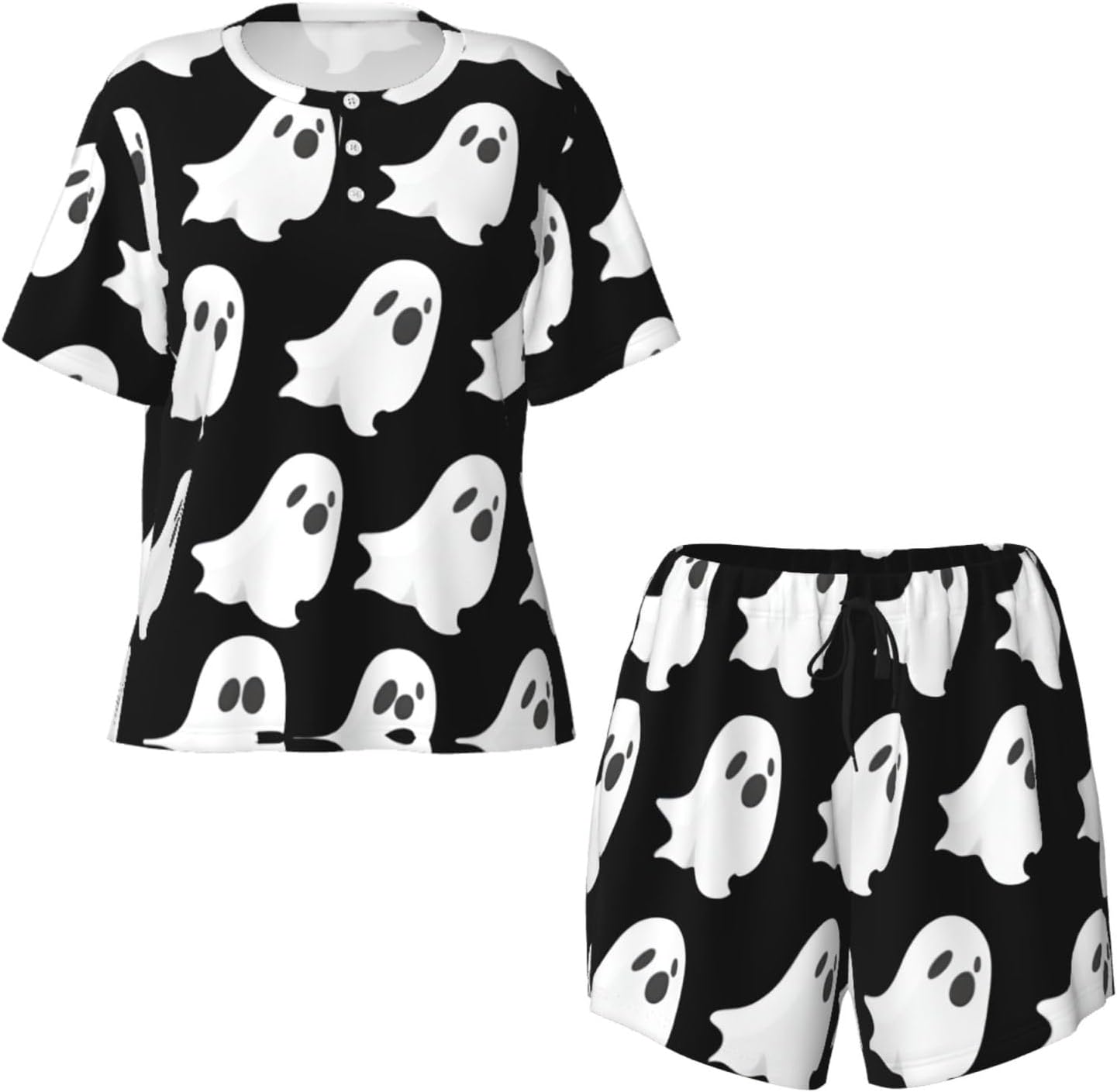 Ghost Halloween Pattern Print Two Piece Outfits For Women Lounge Sets Shorts Pajama Short Sleeve Nightwear Set