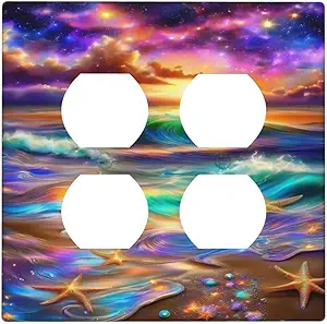 Decorative Outlet Covers Colorful Sunset Starfish Beach Shells 2 Gang Wall Plate Cover Double Duplex Receptacle Two Switch Light Switch Cover Plate Jumbo Dual Faceplate for Home Decor