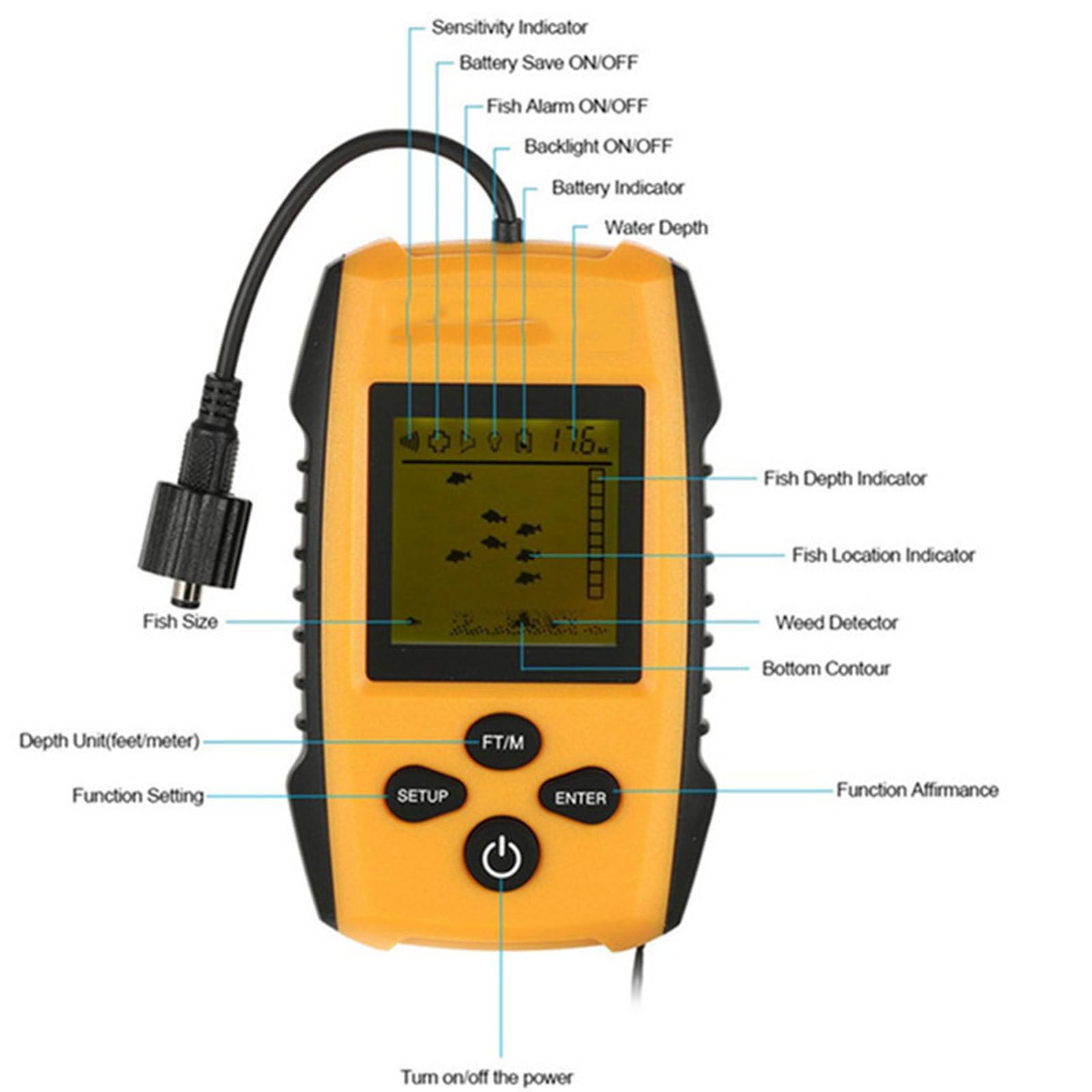 Sonar con cable, alarma de pesca, buscador de peces, sonda de profundidad subacuática, Detector de pesca, buscador de peces portátil, fácil de instalar