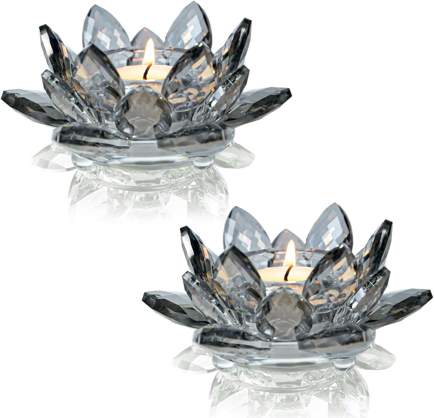 Lotus Black Crystal Candlestick 2-Piece Tealight Candle Set, Black Glass Votive Candle Holder for Tabletop Dining Table Center Decoration Ideal Candle Holder for Wedding Valentine's Day Decoration