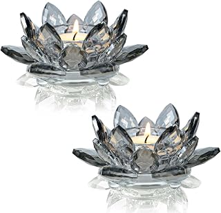 Lotus Black Crystal Candlestick 2-Piece Tealight Candle Set, Black Glass Votive Candle Holder for Tabletop Dining Table Center Decoration Ideal Candle Holder for Wedding Valentine's Day Decoration