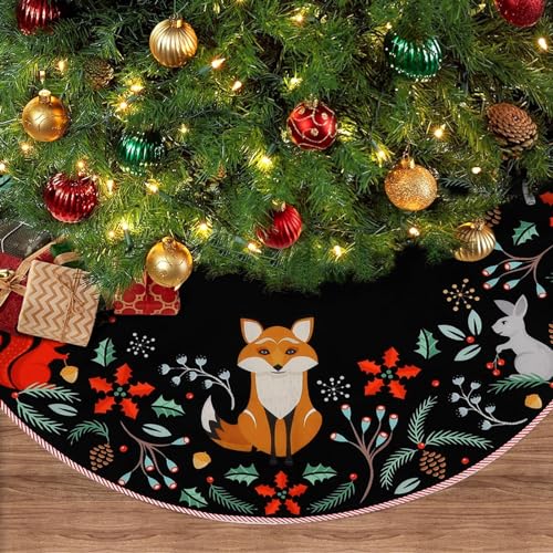 Woodland Wreath Christmas Tree Skirt 36" Forest Animals Xmas Tree Skirt Decor Mats for Farmhouse Rustic Xmas Holiday Indoor Party Outdoor Decorations (Black, 36 Inch)
