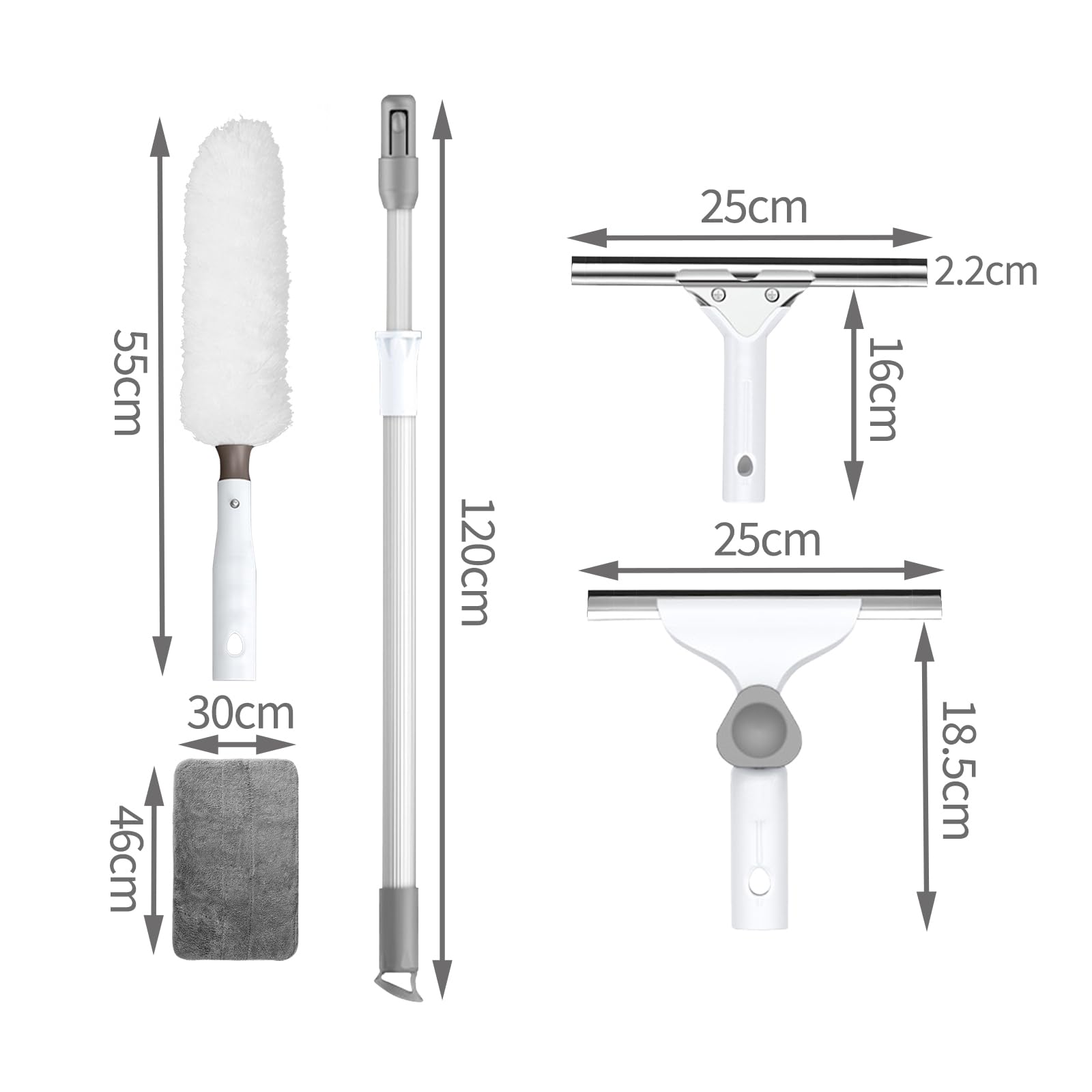 Escoba Mágica con Mango Extensible,ángulo Ajustable rascadora 25cm,Plumero 55cm,Limpiador de Agua,Cubierta de Microfibra para Una Limpieza sin Rayas(Blanco) (120cm)