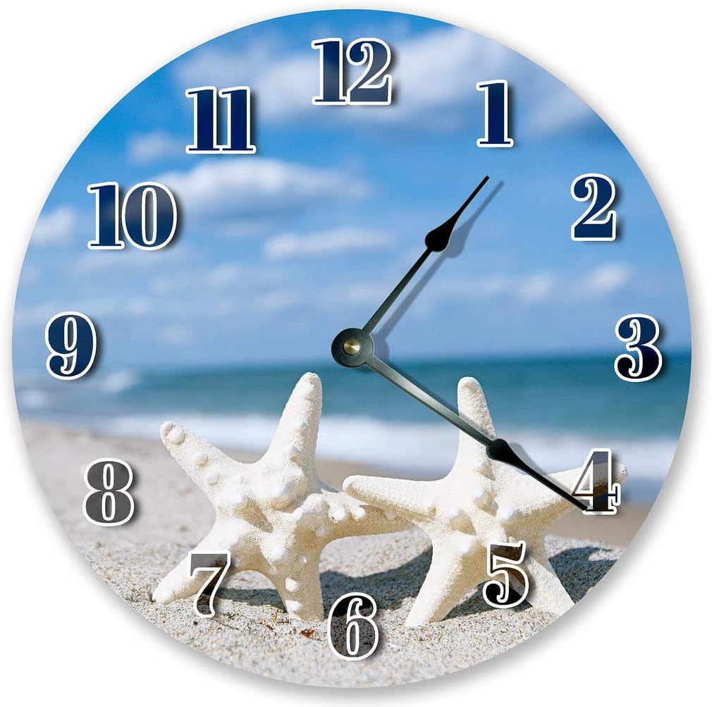 10.5" TWO STARFISH ON SEASHORE CLOCK - Large 10.5" Wall Clock - Home Decor Clock