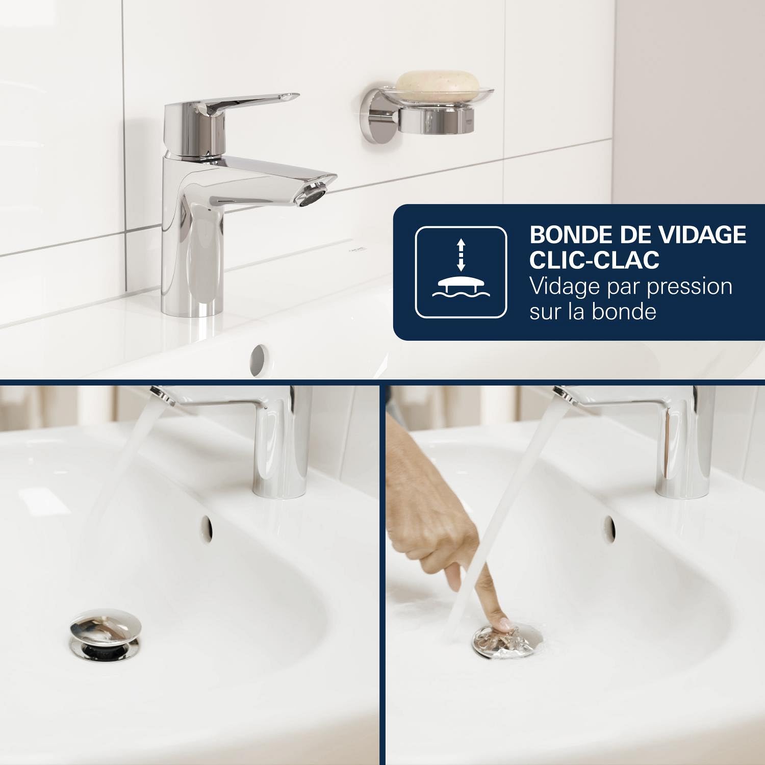 GROHE Dice Mitigeur monocommande Lavabo Taille S (Robinet pour Lavabo de Salle de bain, Avec bonde clic clac, facile à installer avec QuickTool inclus, Economie d'eau), Chrome, 1018610000