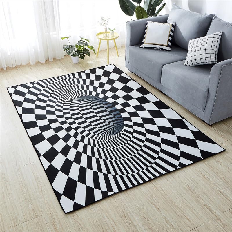 Tapis tourbillon 3D abstrait et géométrique noir et blanc en polyester
