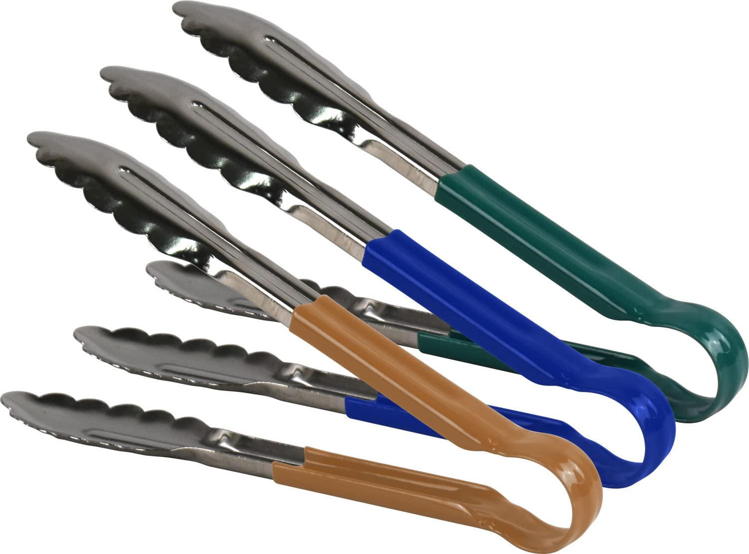 3pc Catergold Professional 9" (23cm) Stainless Steel Food Tongs Set (Green Blue Brown)