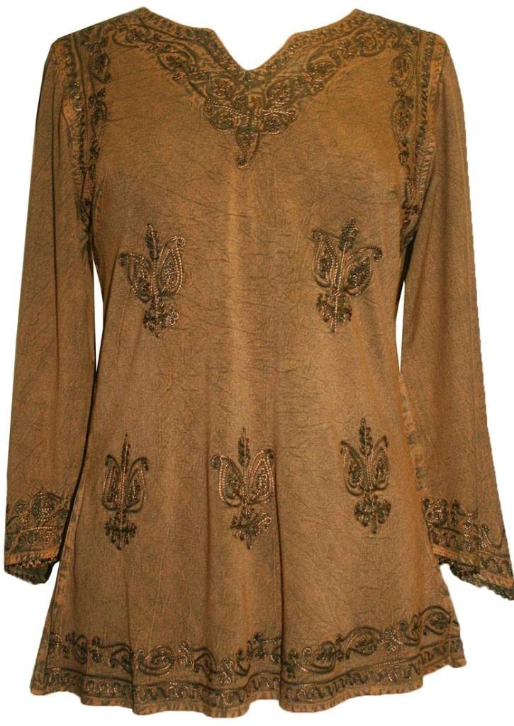 Agan Traders Women's Bohemian Embroidered Rayon Tunic Blouse - Long Sleeve V-Neck Boho Top - View #3