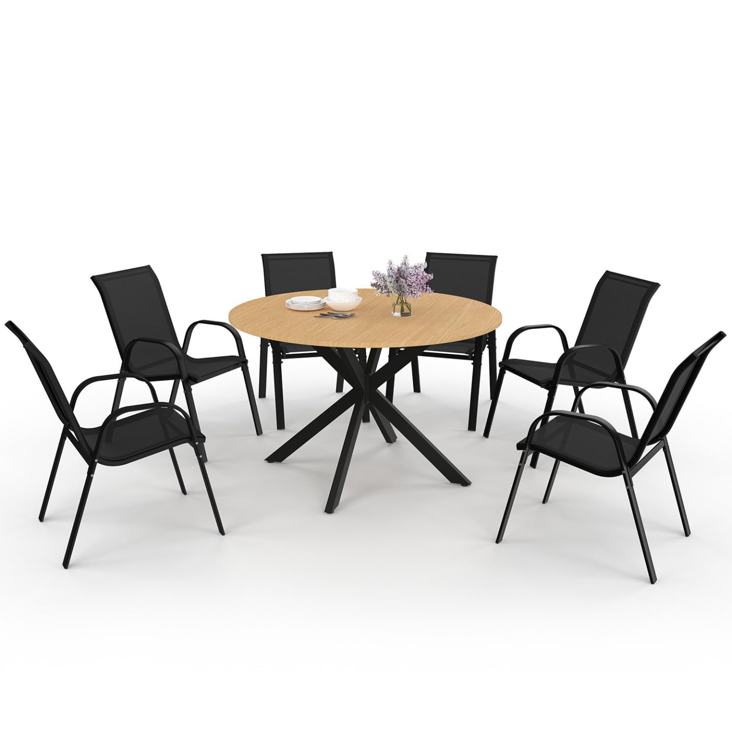 IDMarket - Salon de Jardin Messina Table Ronde, 6 chaises empilables Noires