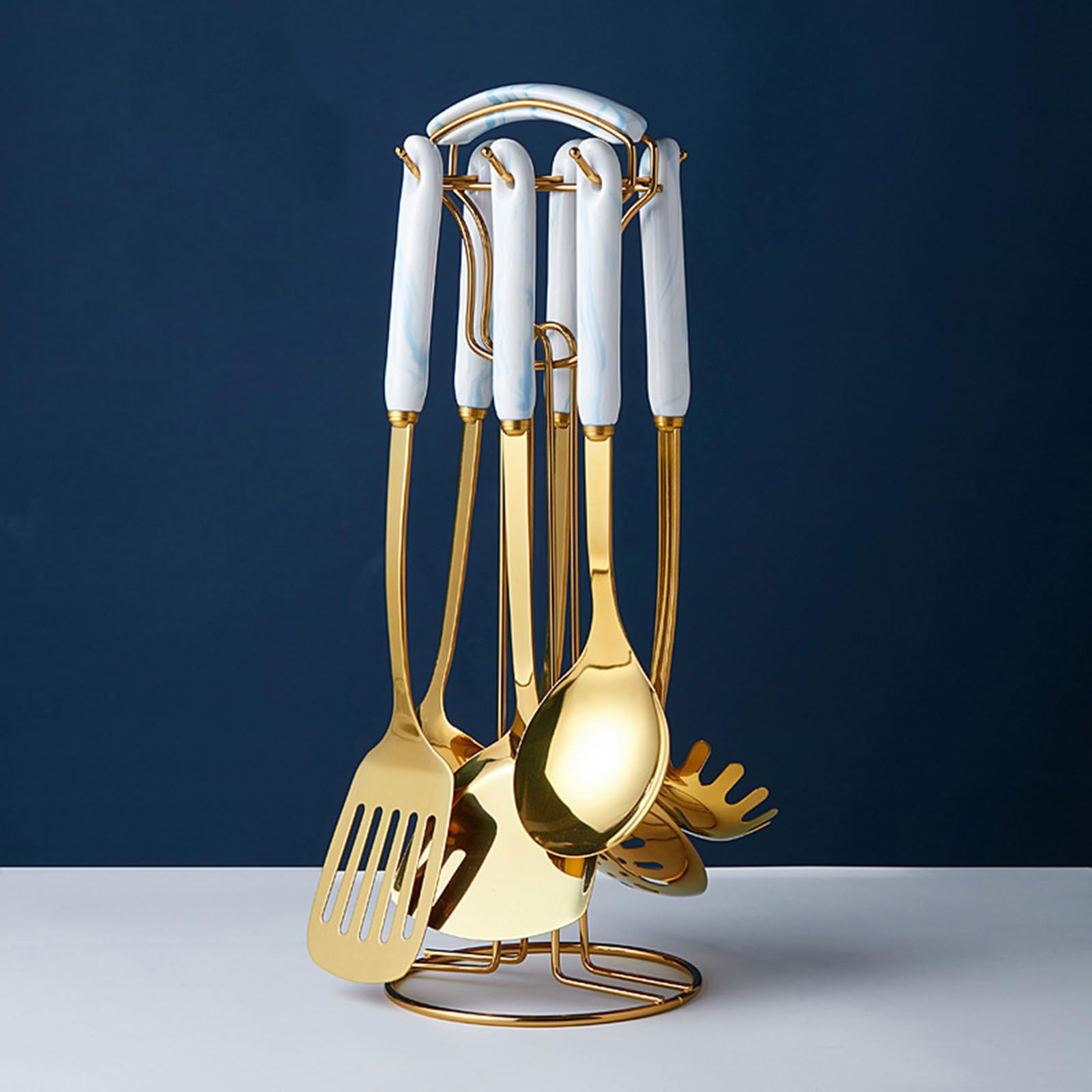 Ensemble d'ustensiles de cuisine en acier inoxydable avec support, poli miroir, passe au lave-vaisselle, poignée en céramique résistante à la chaleur, facile à nettoyer