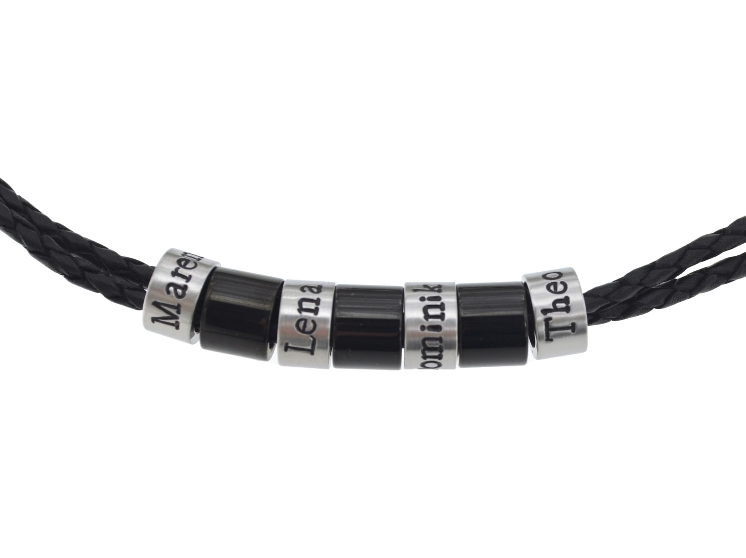 Edelstahl- und Lederkettenset mit Gravuren, 4 Stk. Beads mit Gravur nach Wunsch und 3 Stk. schwarze Beads, personalisierte Herrenkette mit Gravur, Namenskette für Männer