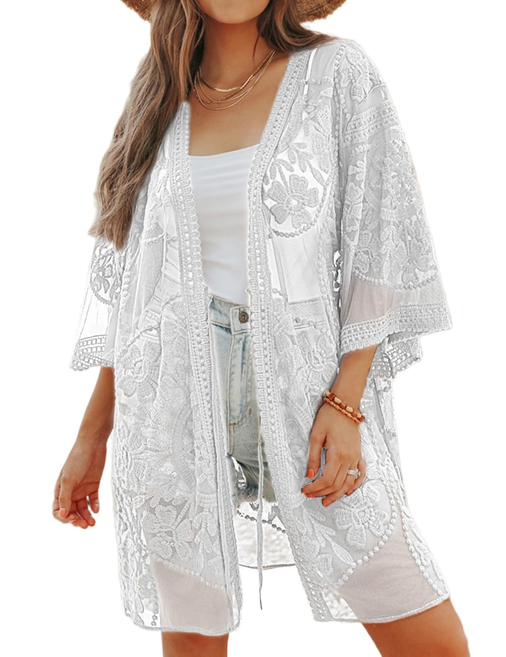 Bsubseach Mujeres Sexy Encaje Crochet Frente Abierto Traje de baño Beach Long Kimono Cover Ups