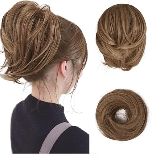 BARSDAR Hair Bun Ponytail Extension, Straight Synthetic Hairpiece Fully Short Ponytail Bun Extensions Hair Accessories Elastic Easy Scrunchie for Women（ Light Golden Brown & Pale Golden Blonde Evenly