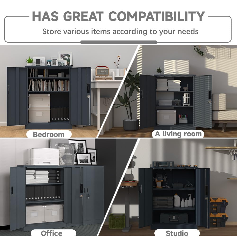 Metallschrank absperrbar mit 2 verstellbaren Regalen (90x80x40cm) - Stahlschrank für Büro, Garage & Haushalt | 50kg Tragkraft pro Regal (Dunkelgrau, 90x80x40cm)