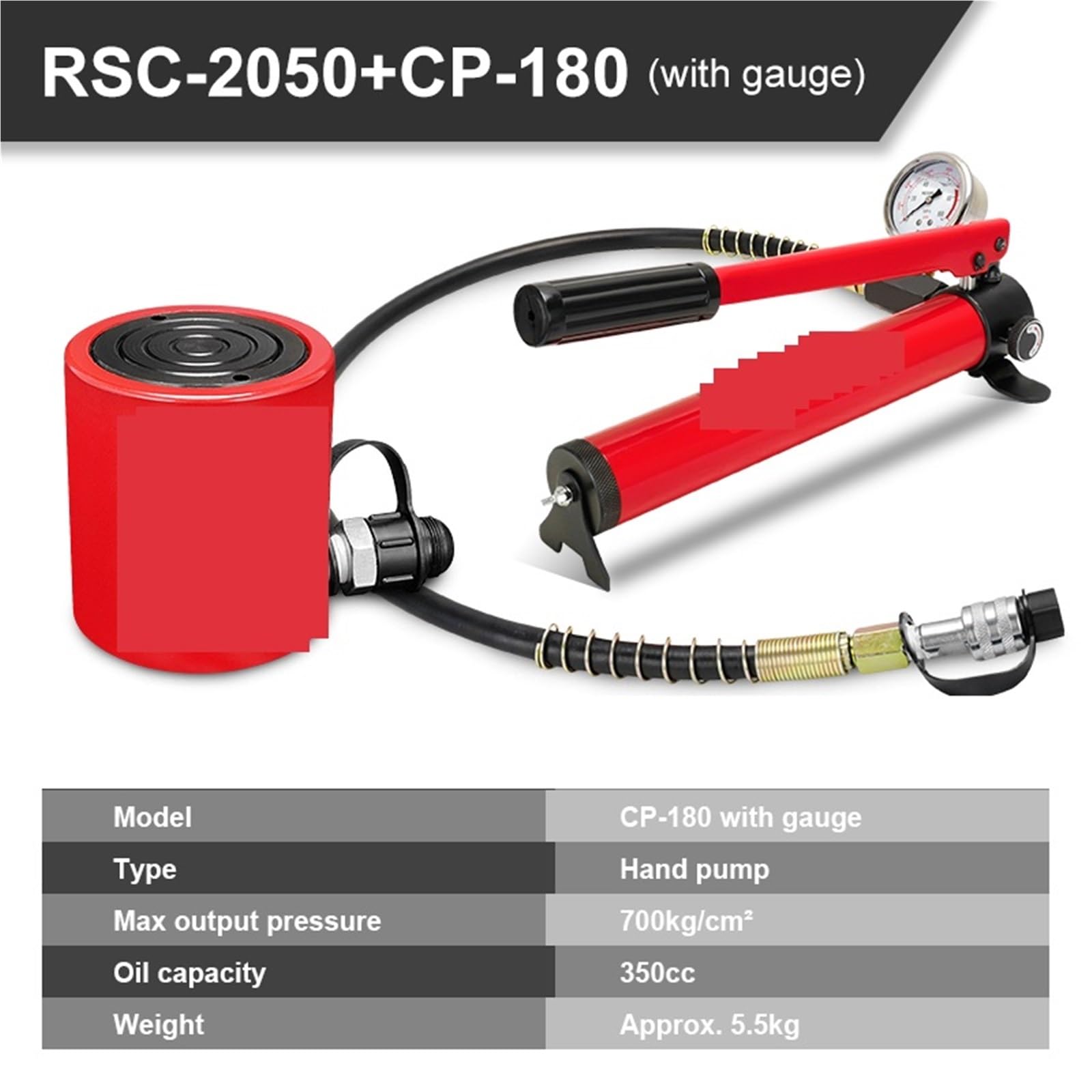Cric per auto, Cilindro idraulico corto da 20 tonnellate RSC-2050 Corsa del martinetto idraulico 50 mm Deve essere utilizzato con pompe idrauliche(CP-180 with gauge)