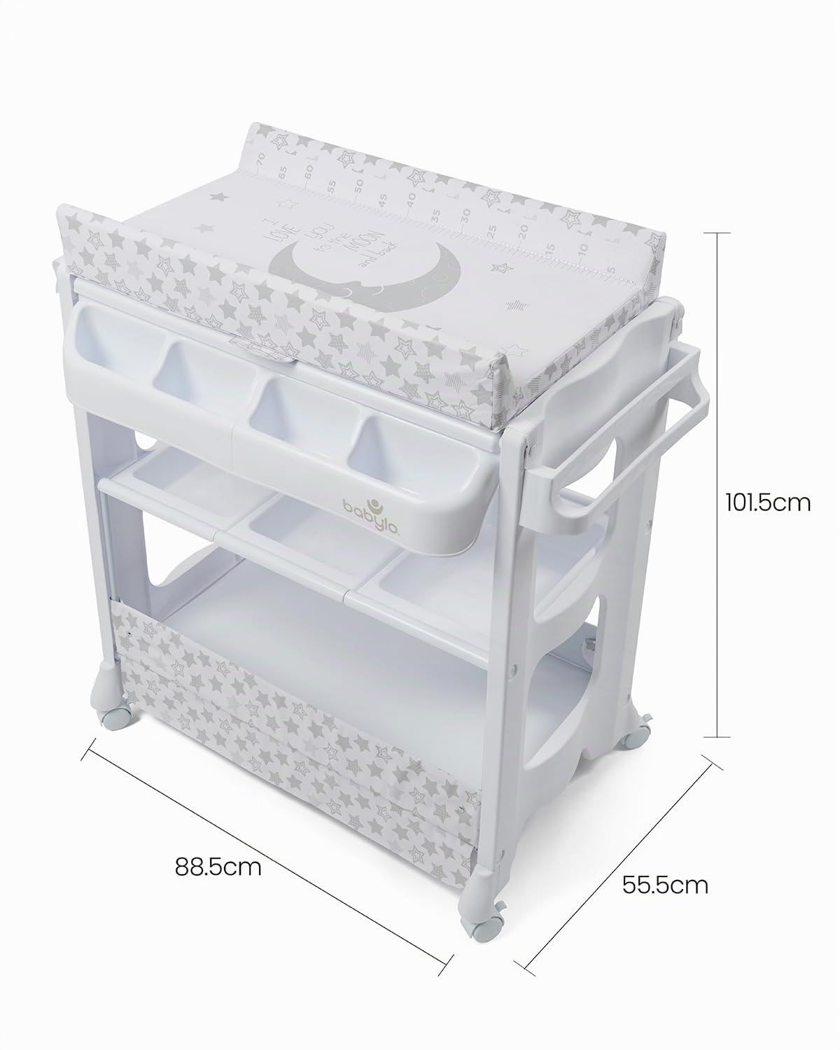 BABYLO Cambiador inteligente con unidad de baño con almacenamiento inteligente y cómodo, luna y estrellas métricas