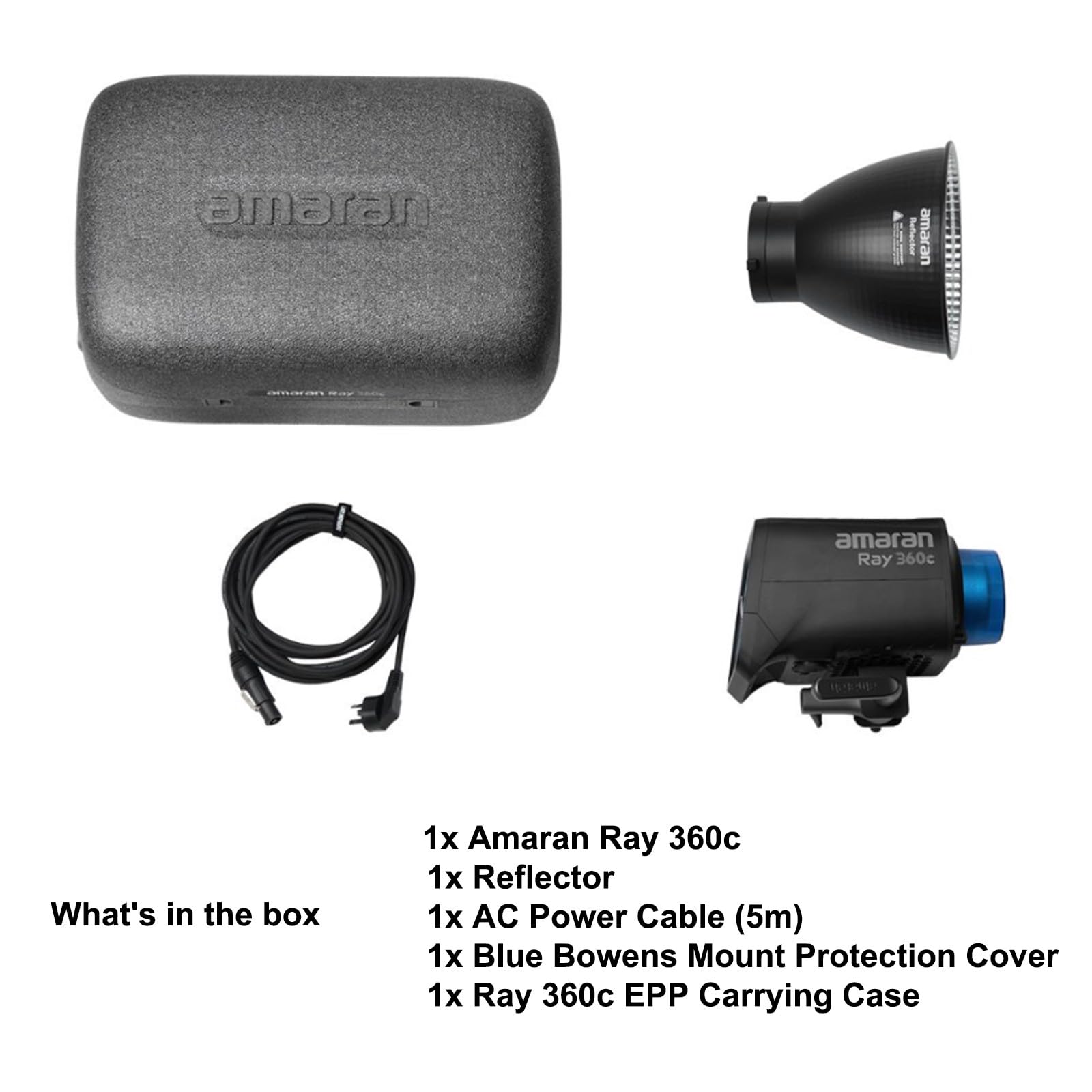 Faro video Amaran Ray 360c RGBWW, illuminazione a luce continua da 360W con attacco Bowens, temperatura colore CCT 1.800K-20.000K, 17.130 Lux/1m, supporto per controllo tramite app/DMX.