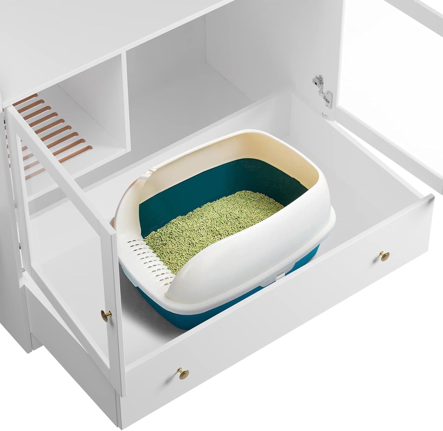 Cat Litter Box Furniture, Cat Litter Box Enclosure Cabinet Hidden Pet House with Stairs, Nightstand Side Table with Large Drawer, Extra Large, White