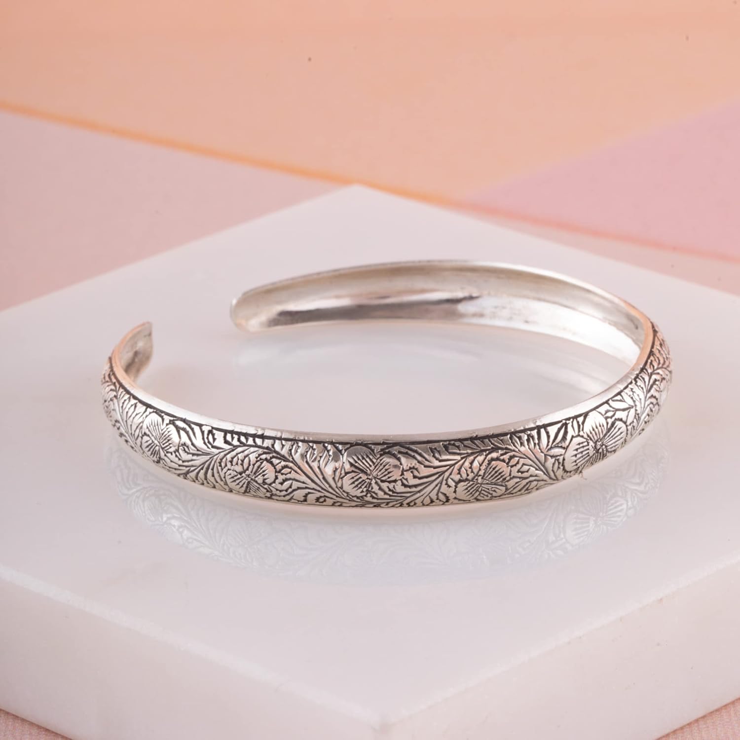 925 Sterling Silver Bangle Bracelet, Fashion Flower Floral Pattern Bangles Cuff Jewelry for Women