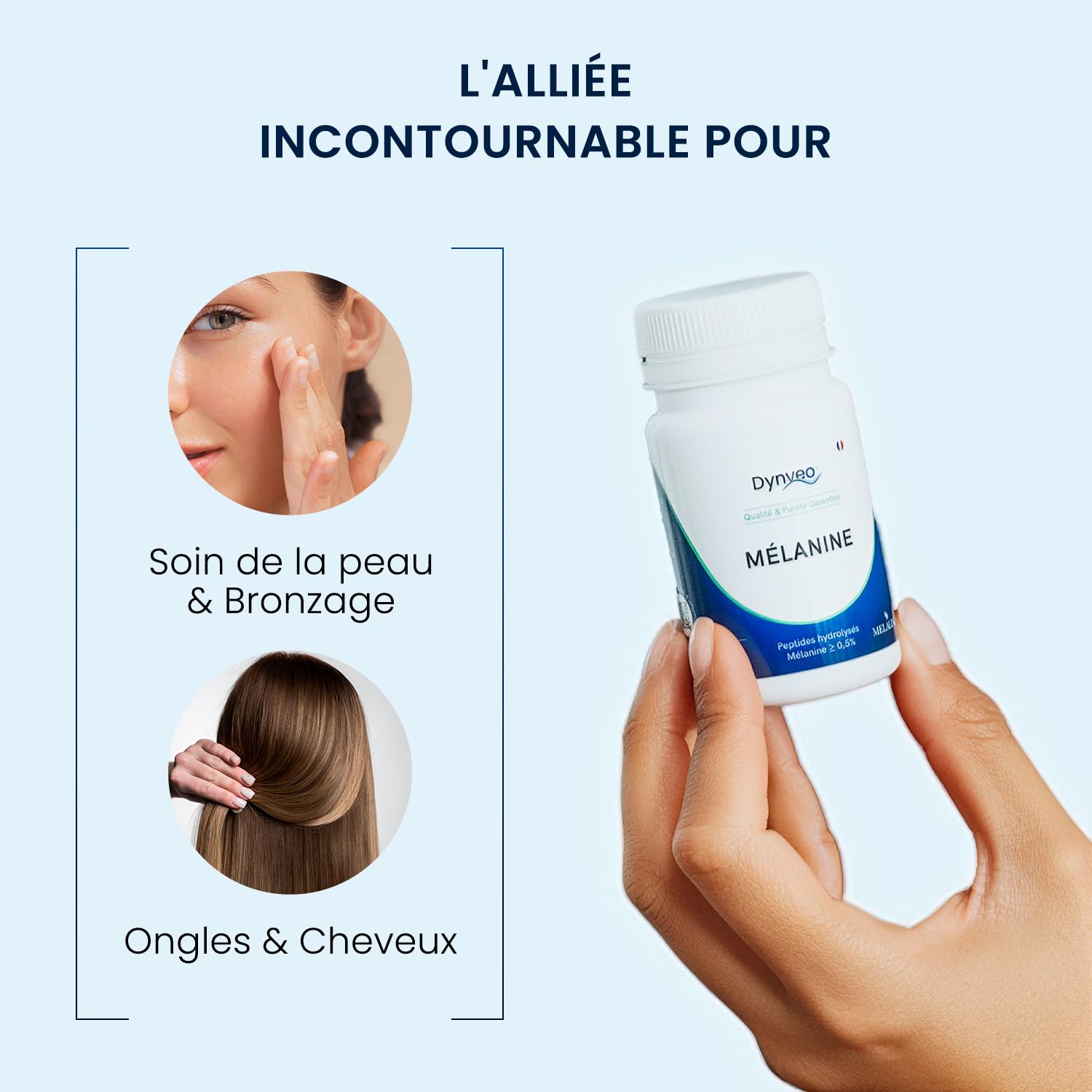 Mélanine - 100% française & Naturelle - Préparateur solaire & Accélérateur de Bronzage - Soin Peau & Cheveux - Extrait breveté Mélaline® - Biodisponibilité 96% - 350 mg 60 gélules (1 mois) - Dynveo